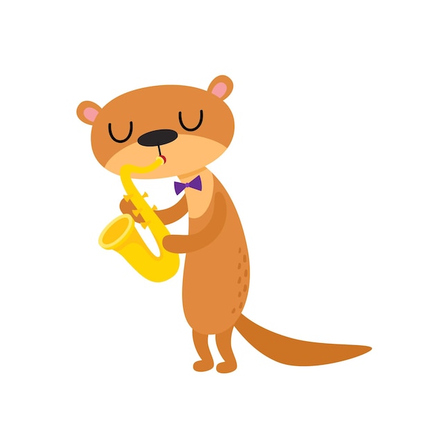 만화 재미 수달 흰색 배경에 고립의 그림. 귀엽고 재미있는 동물, 색소폰 연주 동물 캐릭터