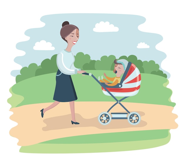 Иллюстрация мультфильм женщина гуляет в парке с ребенком