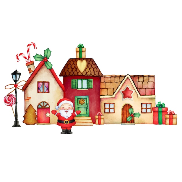 벡터 산타 클로스와 크리스마스 하우스의 그림