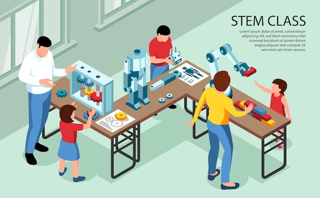 Иллюстрация класса с детьми и взрослыми с робототехникой