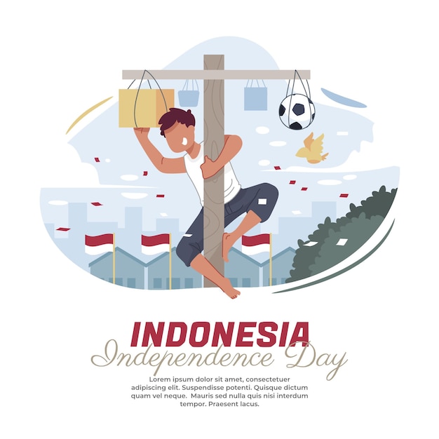 インドネシアの独立記念日にビンロウジュの実を登るイラスト