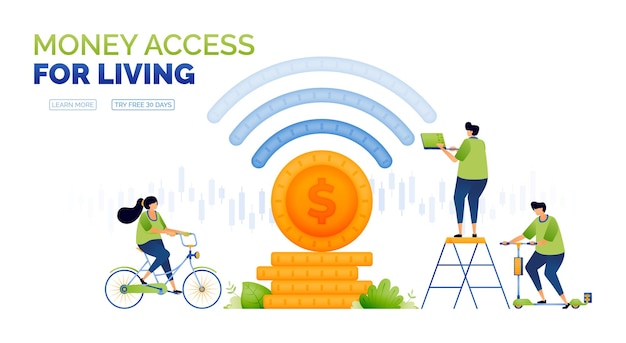 誰もがアクセスできる金融および銀行部門の wi-fi 信号を持つコインのイラスト 投資収益と利息のためのコインの山は、広告ポスター キャンペーン アプリに使用できます