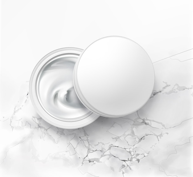 衛生的なクリームと化粧品の瓶のイラスト、白い大理石の背景の上面図