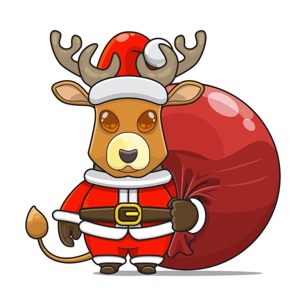 산타 의상을 입고 귀여운 동물 괴물 마스코트의 그림은 산타 번들 가방을 나른다