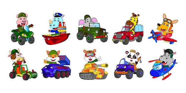 ベクトル 軍用車両を運転するかわいい動物のイラスト。ベクター、eps、編集可能