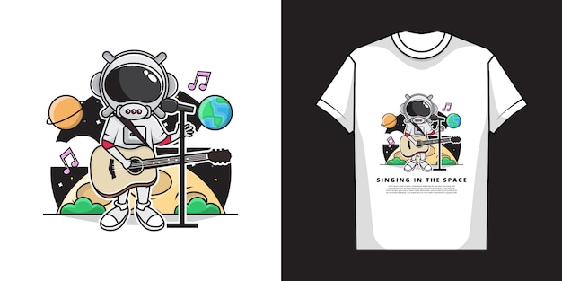 우주에서 기타를 연주와 함께 노래하는 귀여운 우주 비행사 소년의 그림. 그리고 티셔츠 디자인.