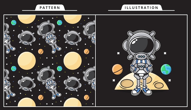 패턴으로 우주 개념에 귀여운 우주 비행사의 그림