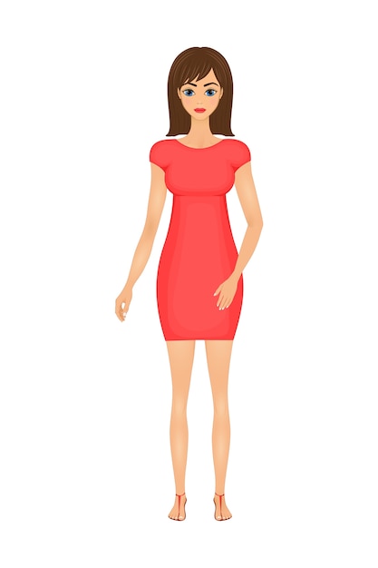 빨간 드레스에 귀여운 만화 비즈니스 여자의 그림
