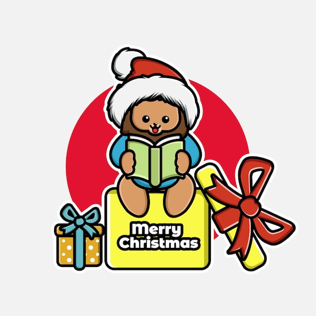 선물 상자에 귀여운 만화 크리스마스 사자 읽기 책의 그림