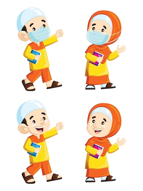 코란에가는 귀여운 만화 이슬람 아이의 그림