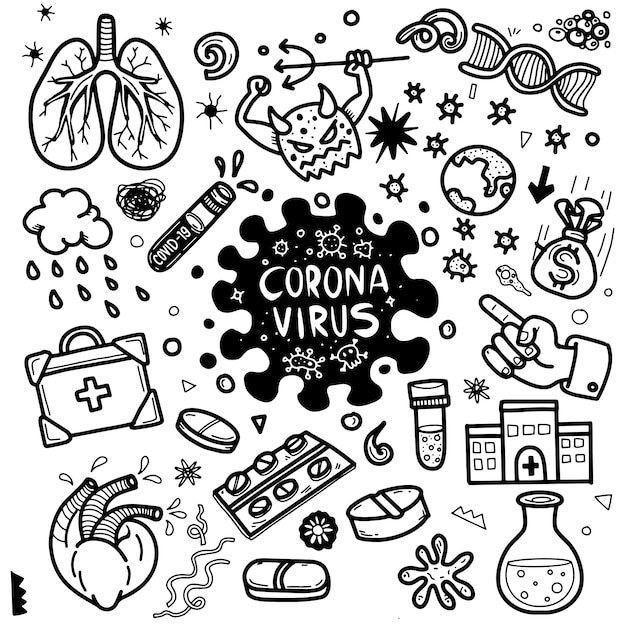Иллюстрация милого doodle для вируса короны covid-19, рисованной иллюстрации