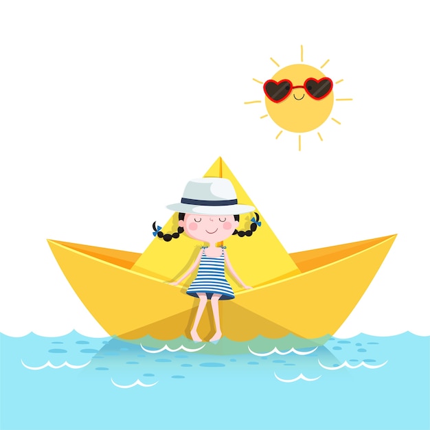 紙のボートでリラックスしたかわいい女の子のイラスト。夏休みのコンセプト