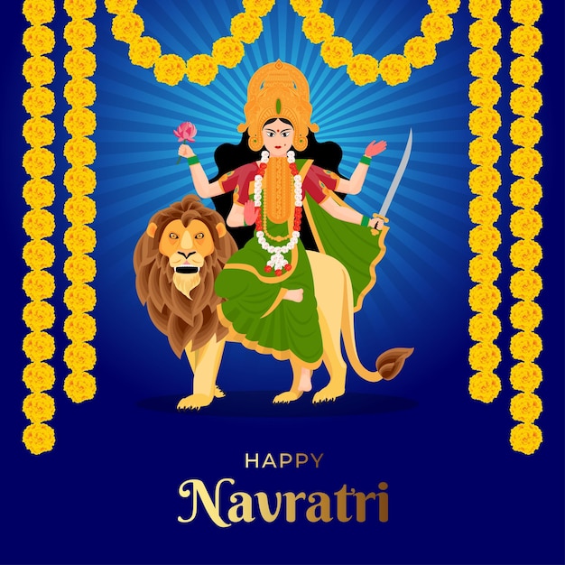 아름다운 파란색 배경이 있는 Happy Navratri Happy Durga Puja의 Devi Durga 그림