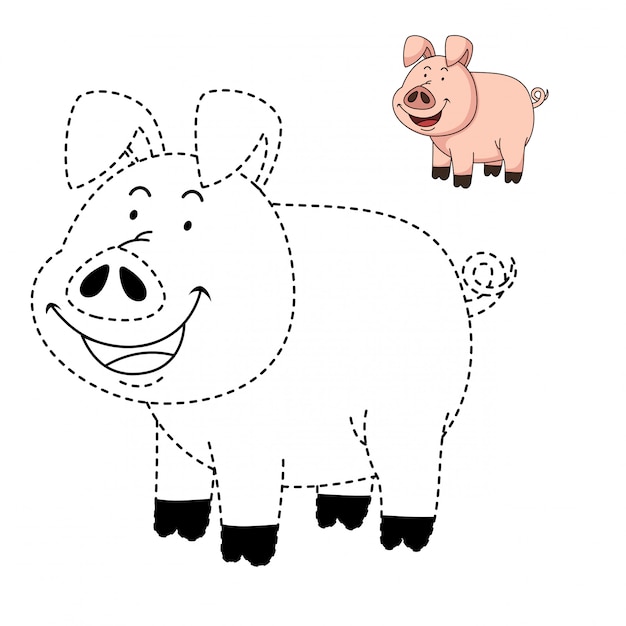 Иллюстрация развивающей игры и раскраски свиньи