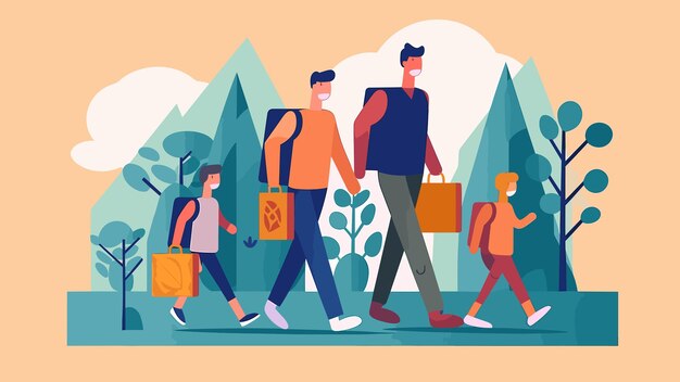 Вектор Иллюстрация семейной прогулки с сумками для покупок по городу