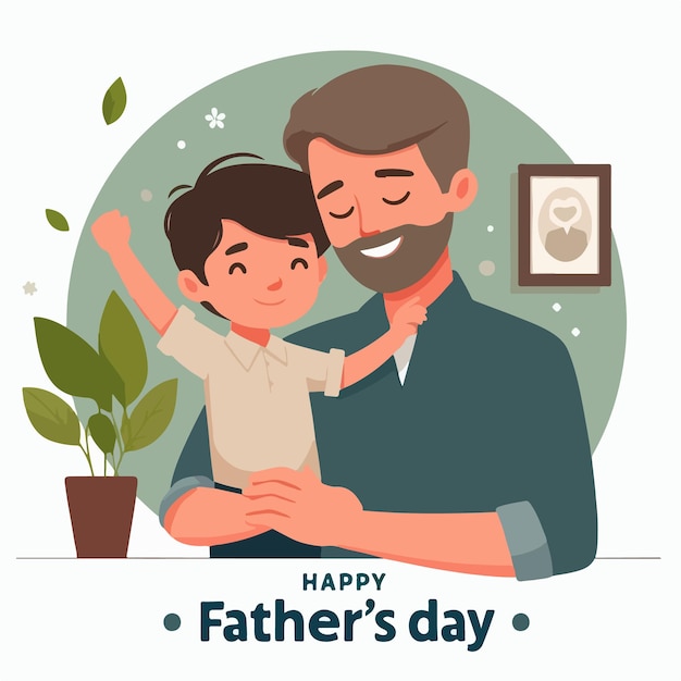 벡터 평평한 디자인 스타일의 happy fathers day 문장과 함께 아버지와 아들의 일러스트레이션