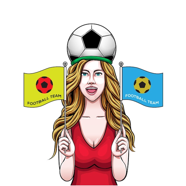 サッカーの旗を持っている女子サッカーサポーターのイラスト