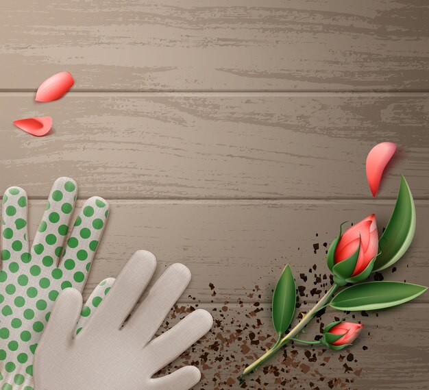 Вектор Иллюстрация садовых перчаток с цветком на деревянном столе