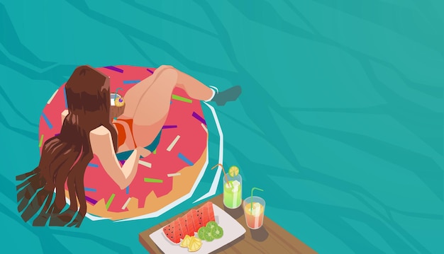 Иллюстрация девушки, лежащей на расслаблении на пончике лило в бассейне.