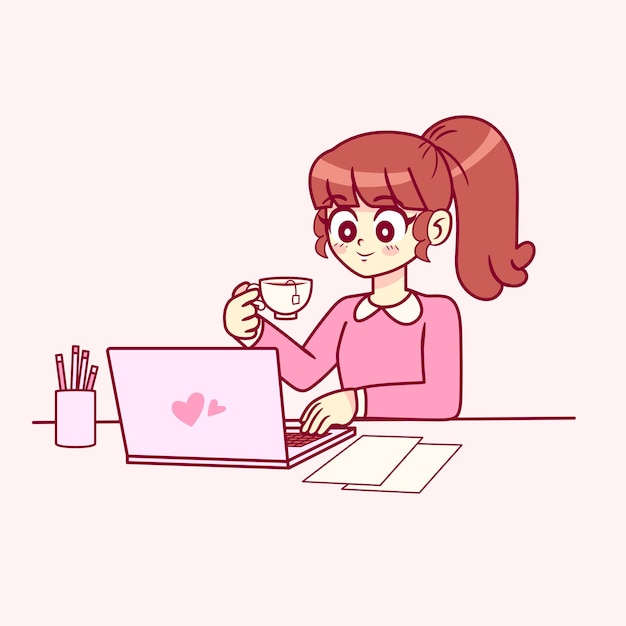 벡터 분홍색 사무실에서 일하는 소녀의 그림