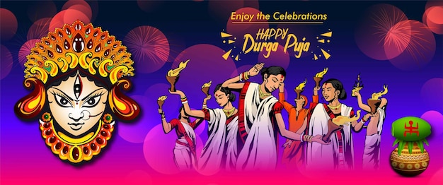 Иллюстрация богини дурги на фоне happy dussehra navratri с текстом на хинди маа дурга