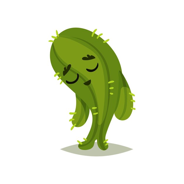 Вектор Иллюстрация зеленого кактуса с грустным выражением лица карикатурный персонаж гуманизированного суккулентного растения с небольшими шипами цветный графический элемент для сетевой наклейки изолированный плоский векторный дизайн