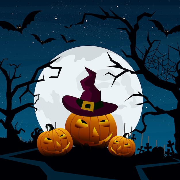 Иллюстрация хэллоуин тыквы и темный замок на фоне голубой луны, иллюстрации в плоском мультяшном стиле.