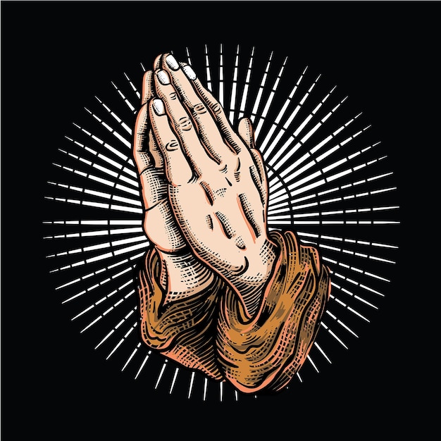 손으로 기도하는 조각 스타일의 그림