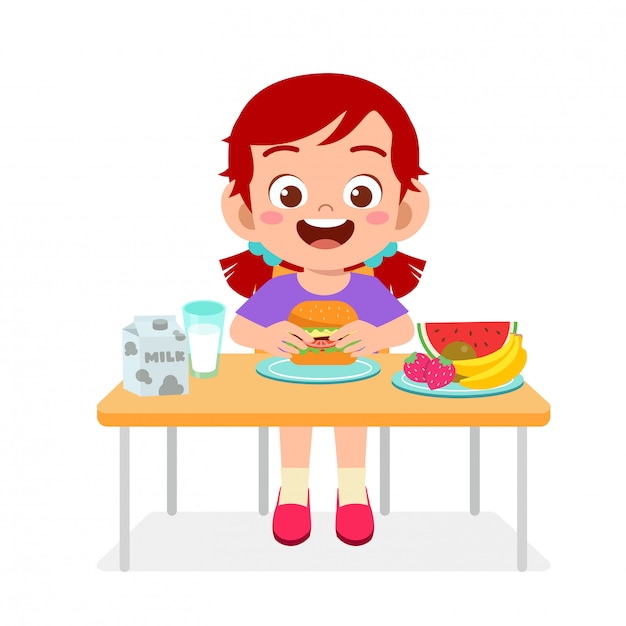 ベクトル 幸せなかわいい女の子のイラストは、健康的な食べ物を食べる