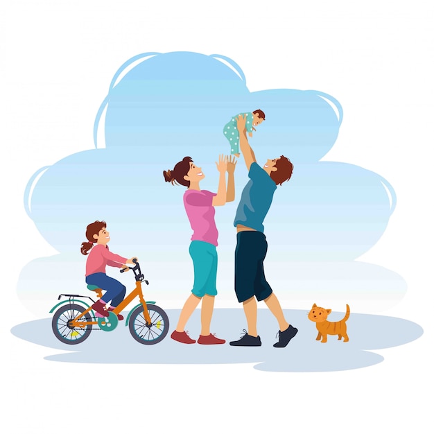 Иллюстрация счастливой семьи, играющей вместе на улице
