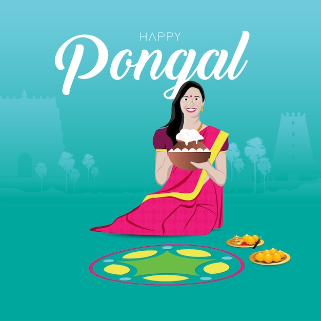 Иллюстрация happy pongal праздничный фестиваль урожая в тамил наду, южная индия, приветствие фон