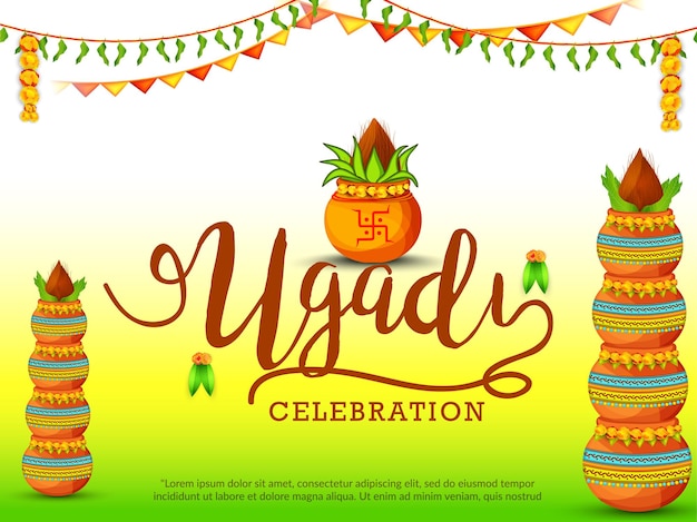 Вектор Иллюстрация плаката или баннера happy ugadi gudi padwa с украшенным калашем.