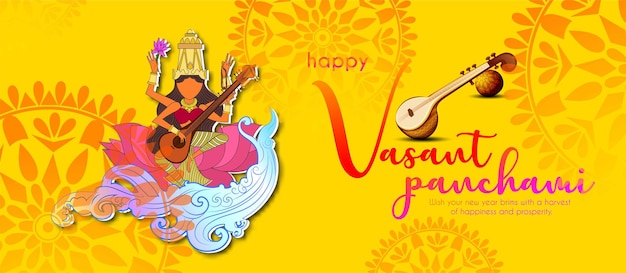 Vasant를 의미하는 힌디어 텍스트가 있는 행복한 Vasant Panchami 인도 축제 배경 그림