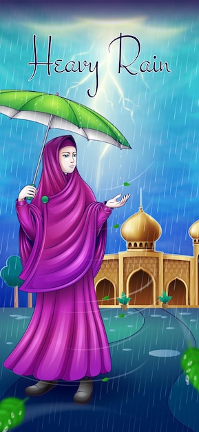 傘を持っているイスラム教徒の女性のイラストと大雨のイラスト