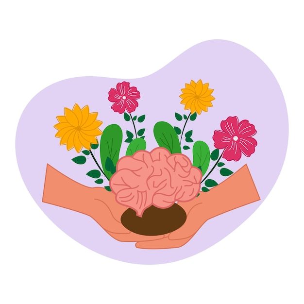 メンタルヘルスケアの概念のための紫と白の背景に対して花と脳を保持している人間の手のイラスト