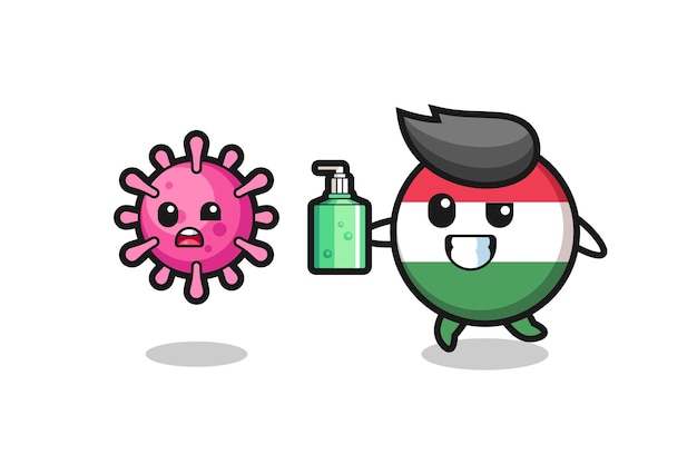 手指消毒剤で邪悪なウイルスを追いかけるハンガリー旗バッジキャラクターのイラスト