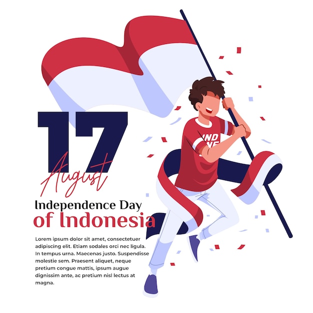 인도네시아의 독립 축제의 일러스트레이션 젊은 남자가 발을 들고 흥분합니다.