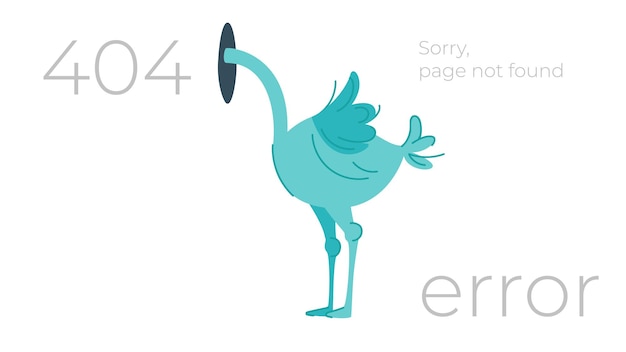 Иллюстрация концепции проблемы подключения к интернету. страница с ошибкой 404 не найдена изолированной на белом фоне. страус прячет голову в песок, не обращая внимания на проблемы. смешные векторные иллюстрации.