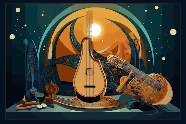 Вектор Иллюстрация исламского праздника с красочными музыкальными инструментами и мечетью