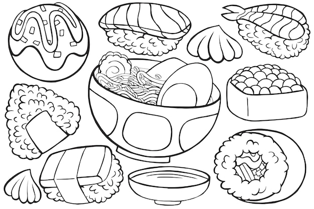 만화 스타일의 일본 음식 낙서 그림