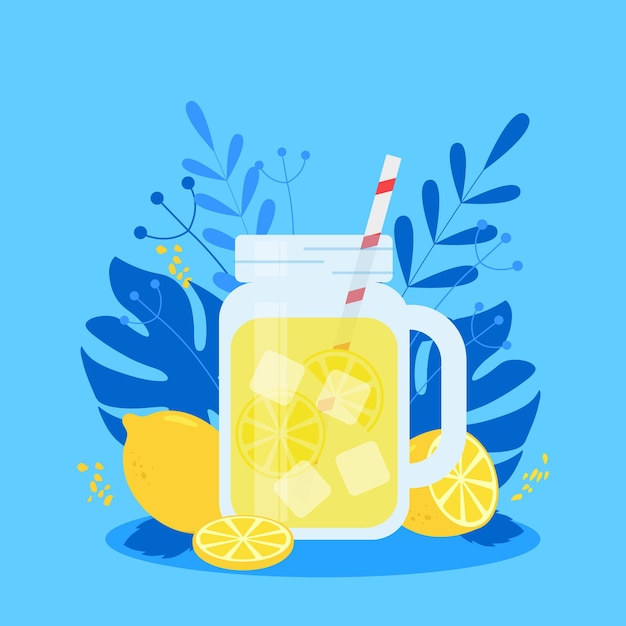 Вектор Иллюстрация банки с лимонадом, лимонами и листьями плоский дизайн векторной иллюстрации