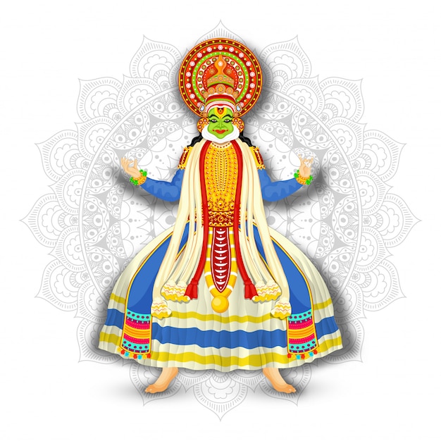 Вектор Иллюстрация танцора kathakali на белой предпосылке картины мандалы.