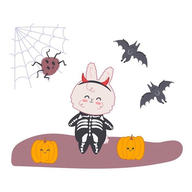 ベクトル 衣装を着たかわいいバニーのイラストは、休日の要素のカボチャとコウモリでハロウィーンを祝います