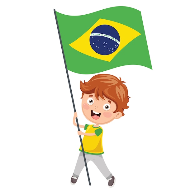 ブラジルの国旗を持っている子供のイラスト