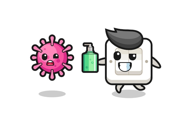 手指消毒剤で邪悪なウイルスを追いかけるライトスイッチのキャラクターのイラスト、tシャツ、ステッカー、ロゴ要素のかわいいスタイルのデザイン