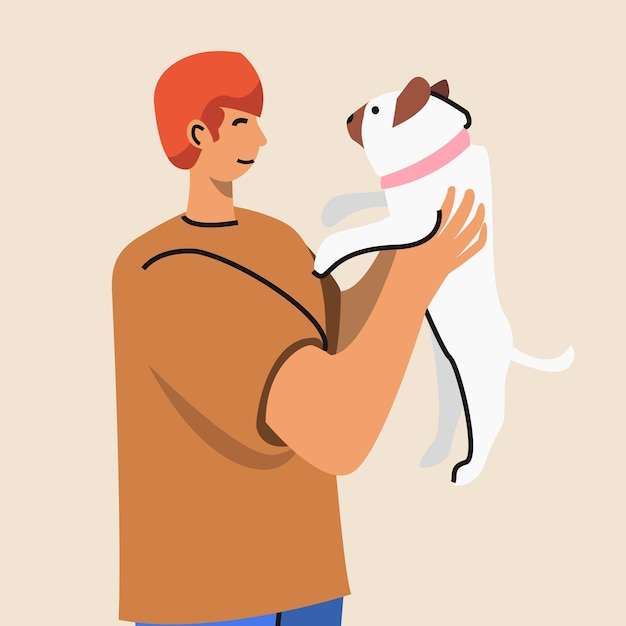 Иллюстрация человека, любящего своего мопса владелец собаки держит щенка и улыбается счастливой векторной иллюстрацией в плоском мультяшном стиле