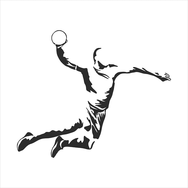 ハンドボールをしている男のイラスト。黒と白の描画、白い背景