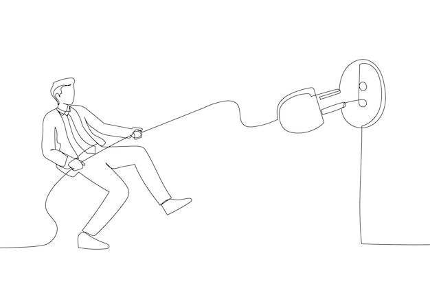 돈을 절약하거나 생태 전력을 위해 플러그를 뽑기 위해 전기 코드를 당기는 남자의 그림 한 라인 아트 스타일
