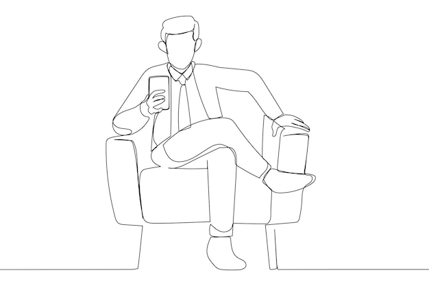 안락의자에 앉아 온라인으로 문자 메시지를 보내는 스마트폰 광고 새로운 모바일 응용 프로그램을 사용하는 남자의 그림 한 라인 아트 스타일