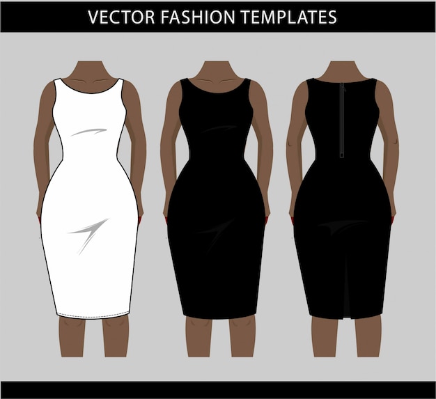 Иллюстрация спереди и сзади платья миди, шаблон эскиза моды плоский